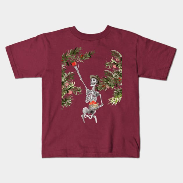 Apple Picker Skeleton Kids T-Shirt by Heather Dorsch Creations